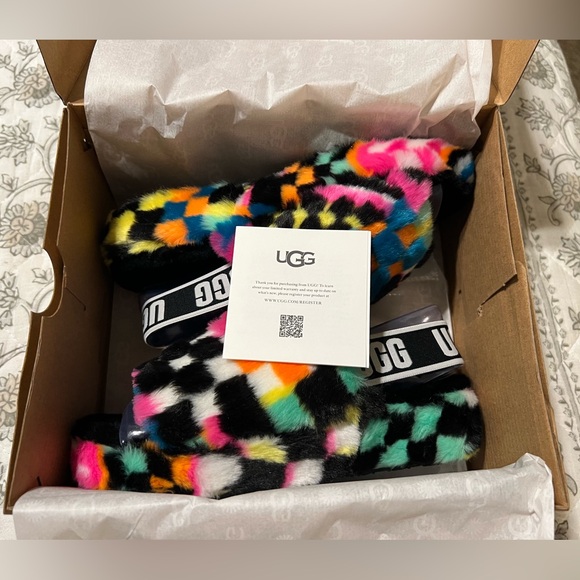UGG WOMEN’S FLUFF YEAH BLACK/MULTI COLOR SLIPPER/SANDAL SIZE 6 - Picture 11 of 12